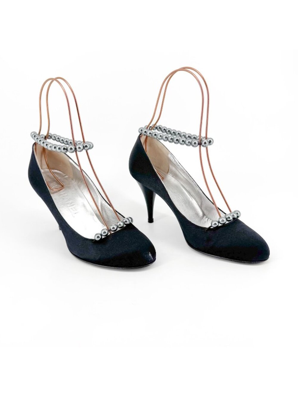 Chanel Pearl Ankle Strap Pumps Heels Black Satin Size 38 US 7–7.5 Women Anklet